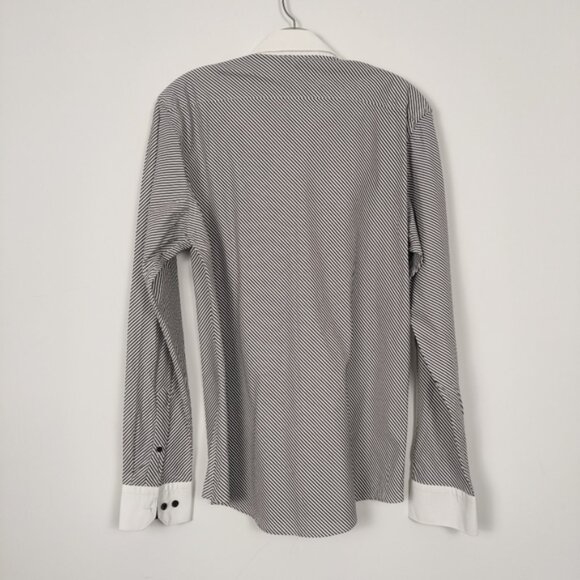 Sarar Men's Color Block Striped Button Down Shirt in Black White Cotton Office - Picture 5 of 9